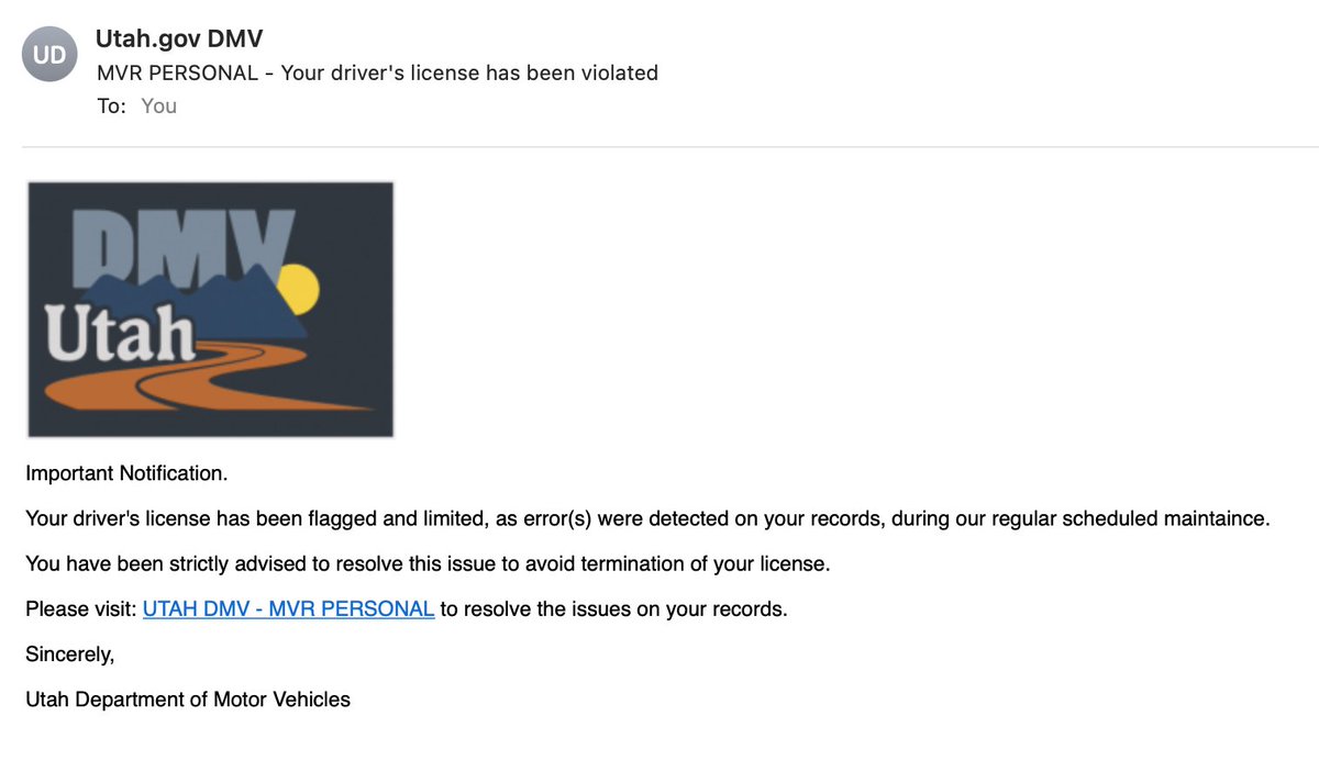 utahcreative's tweet photo. This message says my driver's license has been violated. 😱 https://t.co/fEVB2THcGw
