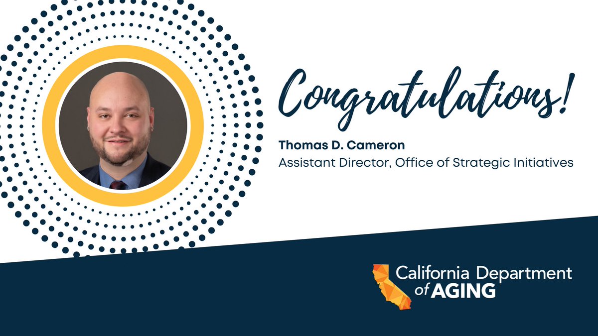 CalAging's tweet photo. 🎉 We're pleased to announce that Thomas D. Cameron has been appointed as the Assistant Director for the Office of Strategic Initiatives at the California Department of Aging, where zie has been Deputy Director of Administration since 2019.

🔗 https://t.co/q1aHiY04xP

@Cal_HHS https://t.co/0b7dqzy85z