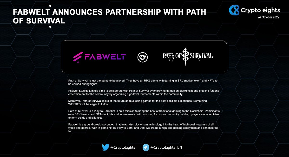CryptoEights's tweet photo. 🔹 @FabweltToken Announces Partnership With @PathOfSurvival
🎯 #PathofSurvival is a #PlayToEarn that is on a mission to bring the best of traditional gaming to the #blockchain
👉 https://t.co/QCt42QOPbC https://t.co/VuewVSK8f5