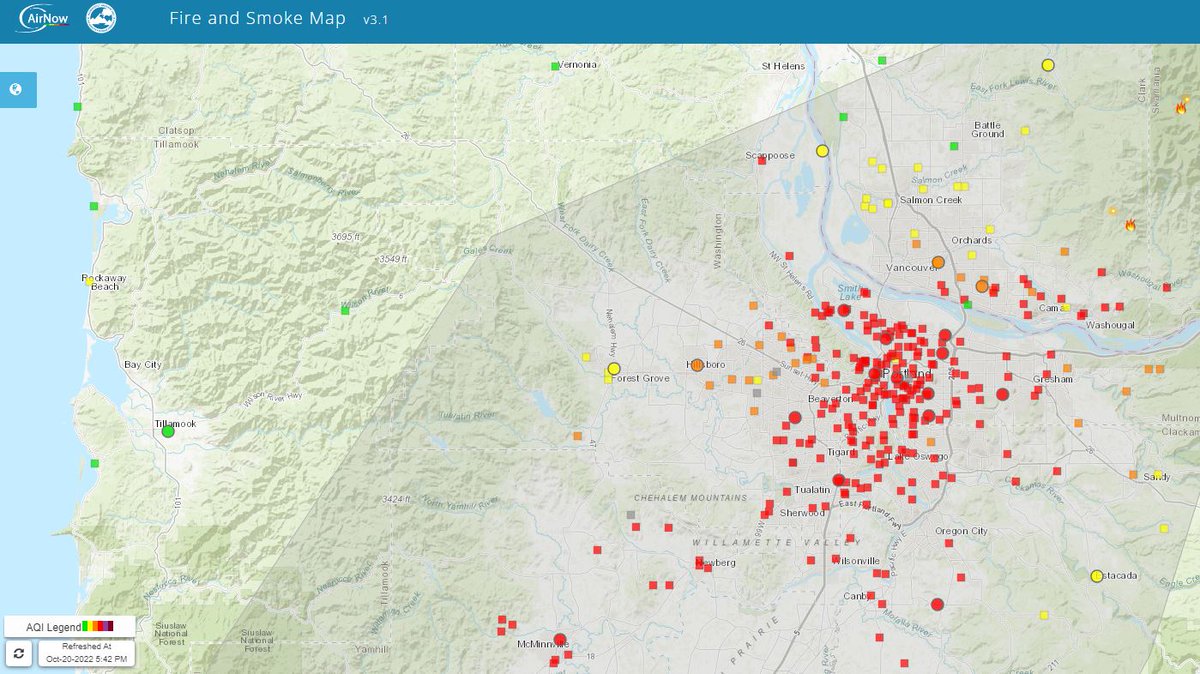 Significant AQI improvement just in the last hour or so for the western edges of the valleys and SW Washington! This snapshot was taken at 5:45 p.m. West Beaverton looked totally normal outside!