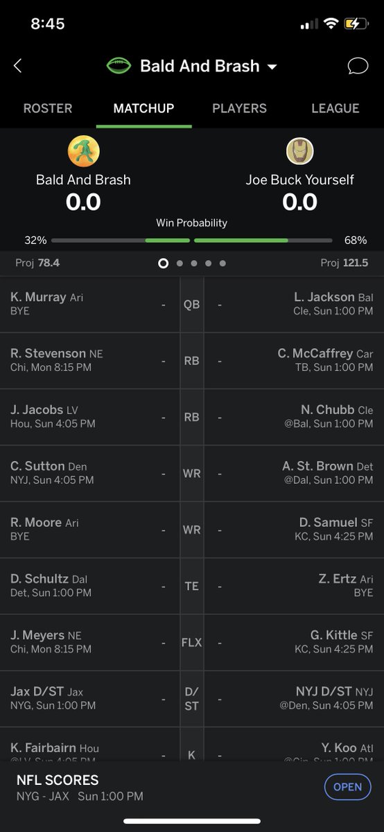 chasecort's tweet photo. @FieldYates Is this happening to anyone else? Says guys playing tonight are on bye. https://t.co/9BDzOb2Fyi