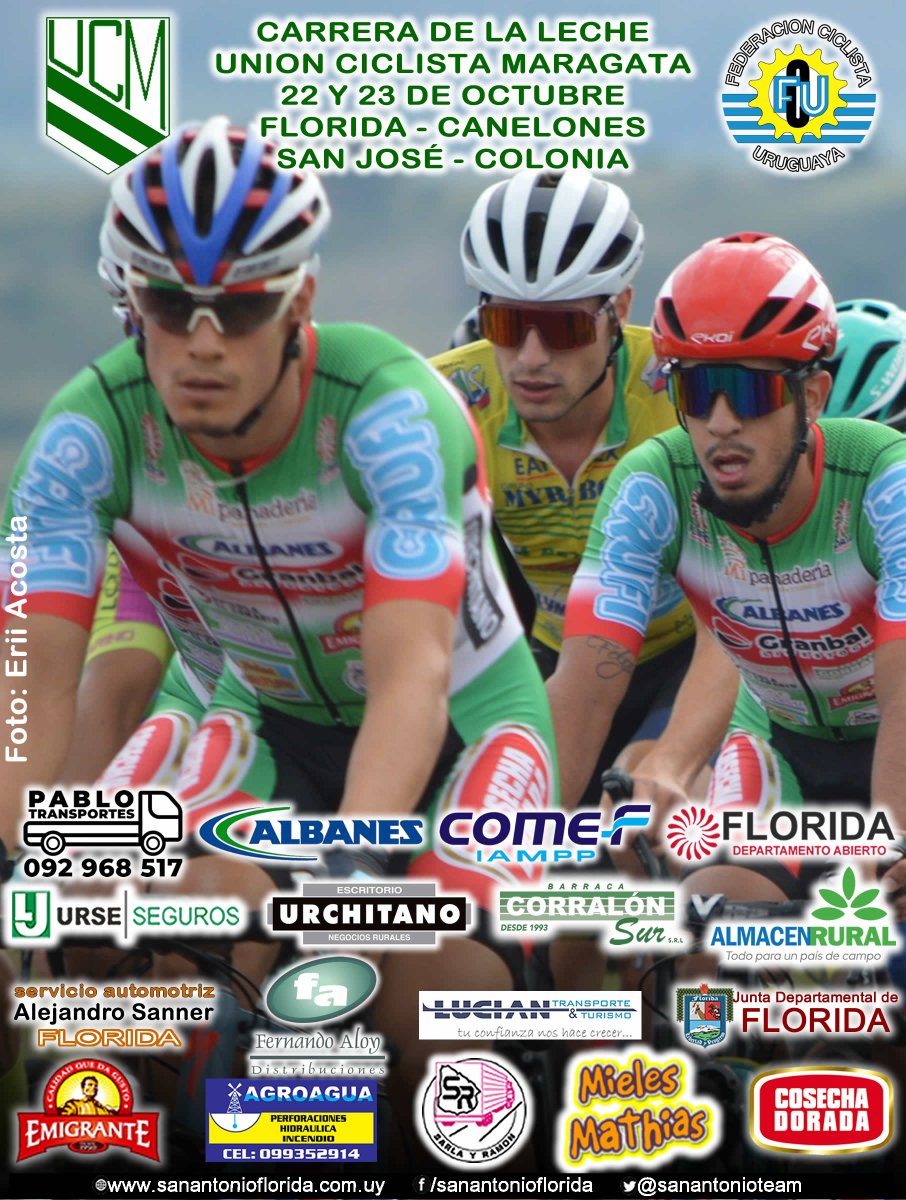 Entre el sábado y domingo estaremos disputando la 2da edición de la Carrera de la Leche, organizada por la Unión Ciclista Maragata. 
La competencia comenzará en Mendoza y  unirá 4 departamentos, Florida, Canelones, San José y Colonia. 

#elequipodeflorida #sanantonio70años