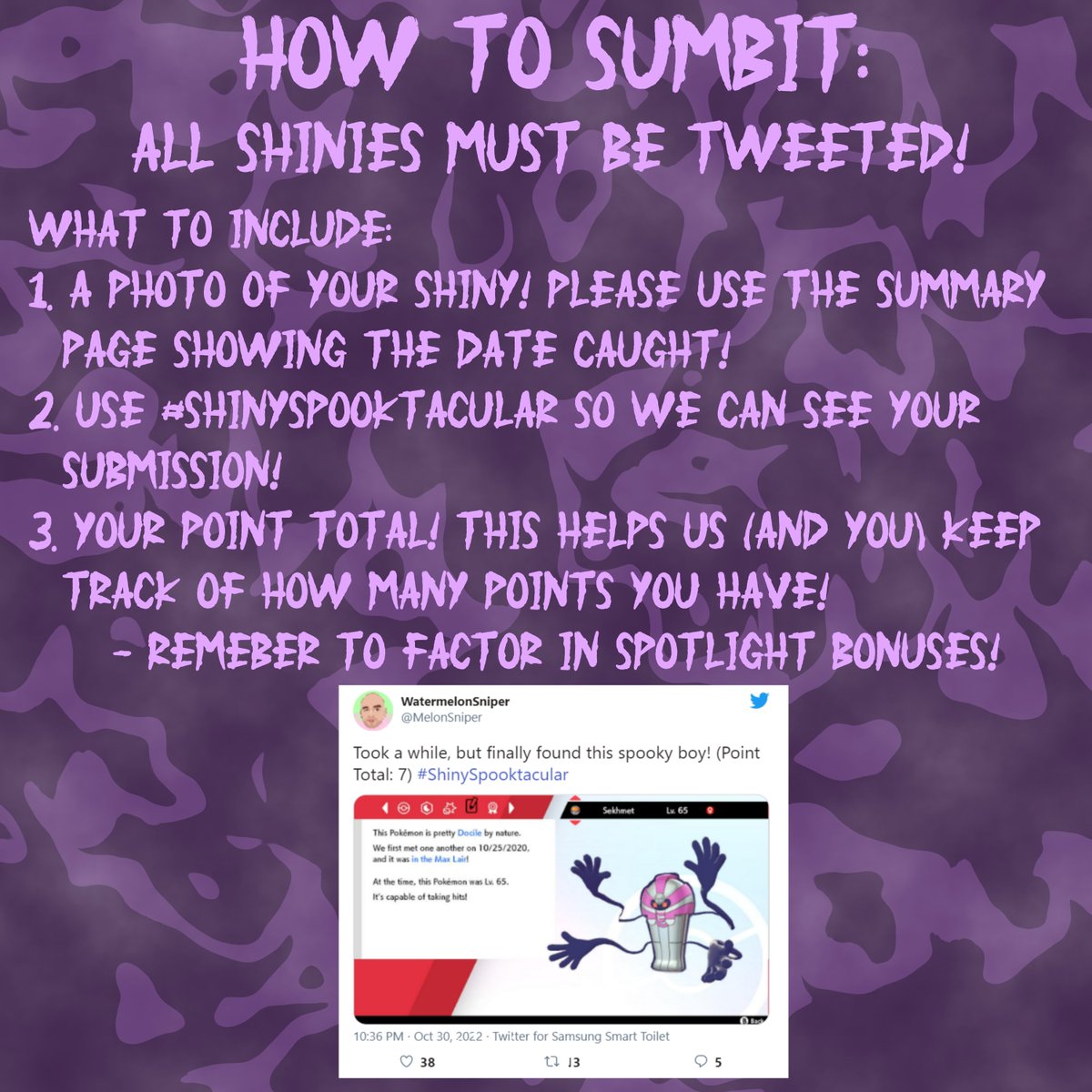 AceShinyHunters's tweet photo. #ShinySpooktacular begins on Monday, October 24th, at 10am MST! ✨
Get ready for a week of hunting some spooky shiny #Pokemon! 🎃
This is an event for EVERYONE, so feel free to join the fun! 👻
RTs appreciated! Spread the word! 💀 https://t.co/BubX3ivIsX