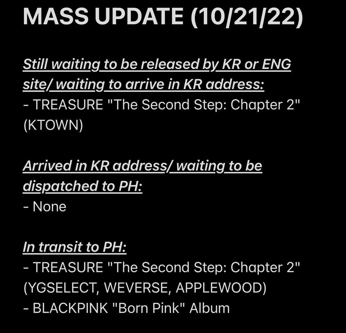 LINE94PH's tweet photo. #Line94Updates
Mass Updates ✨
There are delays in the shipment of albums from KTOWN4U due to stock issues of YG. We are hoping for your understanding. Rest assured that we will notify everyone once changes has been made.
Thank you! 💗 https://t.co/y43KJvh0h4