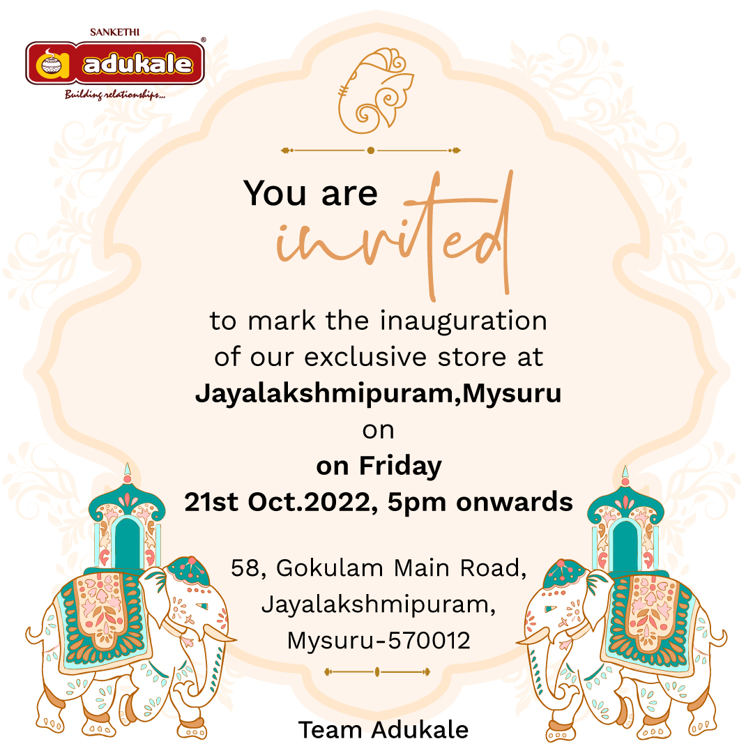 AdukaleFoods's tweet photo. We are excited to announce the opening of our exclusive store at Jayalakshmipuram, Mysuru!
Please join us in marking this inauguration on Friday, 21st Oct.2022, from 5:00 pm onwards.
#nammadukale #adukalestore #exclusivestore #inauguration #milestone #mysuru #mysurufoodies https://t.co/Y6n8e3x21j