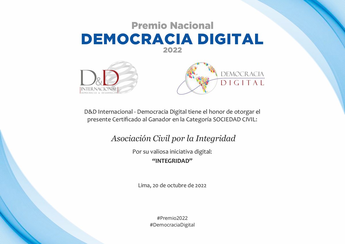 ddintorg's tweet photo. 💠En la “Categoría Sociedad Civil” del “Premio Nacional Democracia Digital 2022” 🏆la ganadora es la “Asociación Civil por la Integridad” @IntegridadPeru por su valiosa iniciativa “Integridad”.
¡Felicidades!

@Demodig @ddintorg @elaforde @UNESCOPeru
#Premio2022 #DemocraciaDigital https://t.co/22kRc2klmc