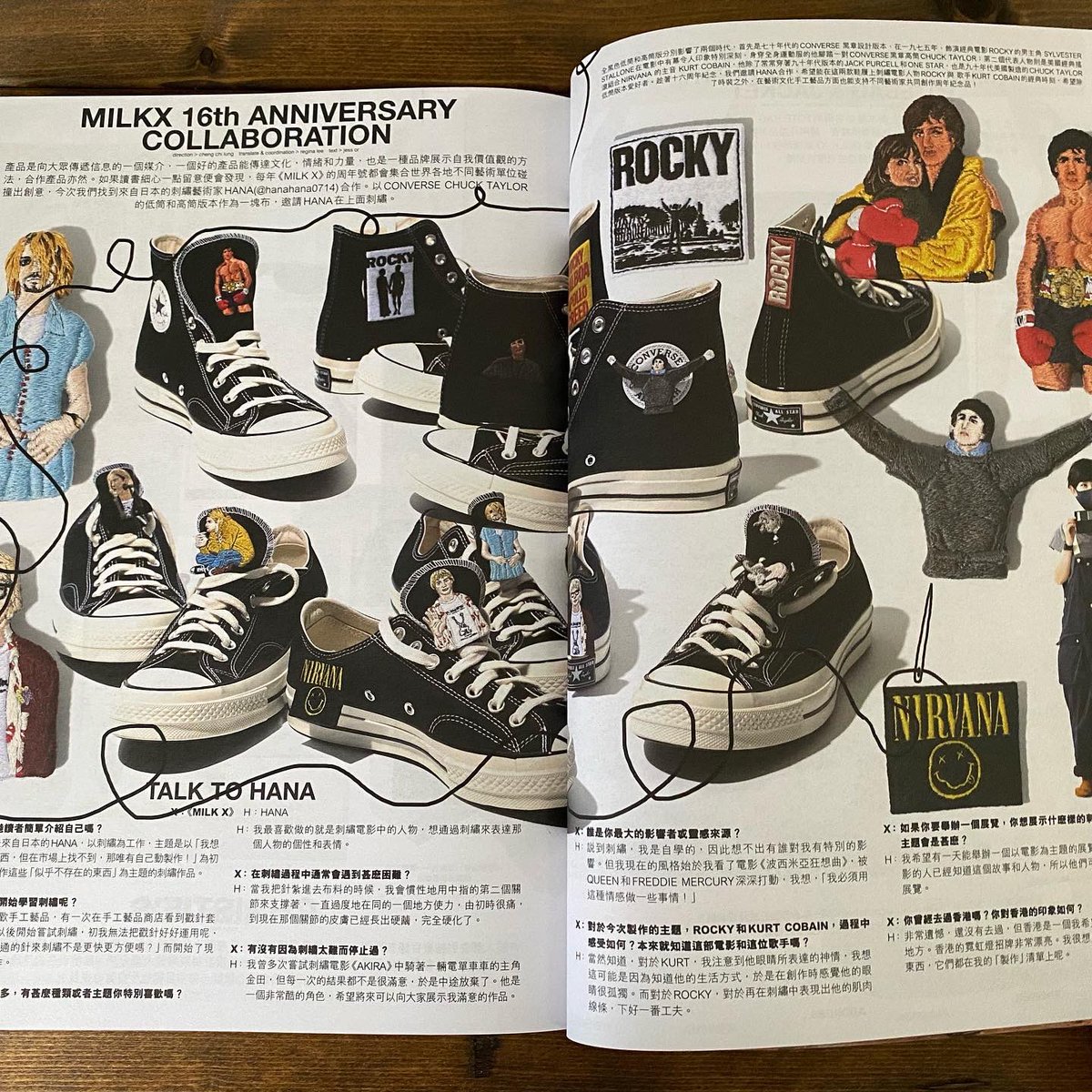 EmbroideryHana's tweet photo. 香港の雑誌、MILK Xさんの16周年企画に参加させていただきましたー！
お題はNirvanaとRocky

いただいた見本誌がオシャレ満載で恐縮です！！
私本人も刺繍と同じサイズで載ってます笑 https://t.co/3pjNT5LdsG