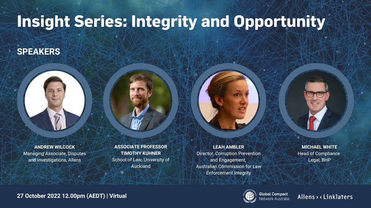 In partnership with @AllensLegal, we invite you to our Insight Series: Integrity and Opportunity webinar on 27 October 2022 at 12.00pm (AEDT). Register now: bit.ly/3N0tCKZ #integrity #opportunity #webinar #ausbiz #event #globalcompact #sdgs #antibribery #business