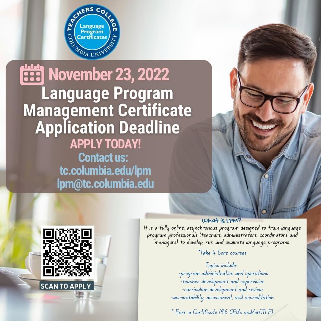 The Language Management Certificate Program at Teachers College, Columbia University is accepting applications for 2023
Attend a Virtual Open House to learn more about the program and meet faculty, staff and alumni:
November 3, 2022 at 6 pm (ET)
#TESOL #language #languageprogram