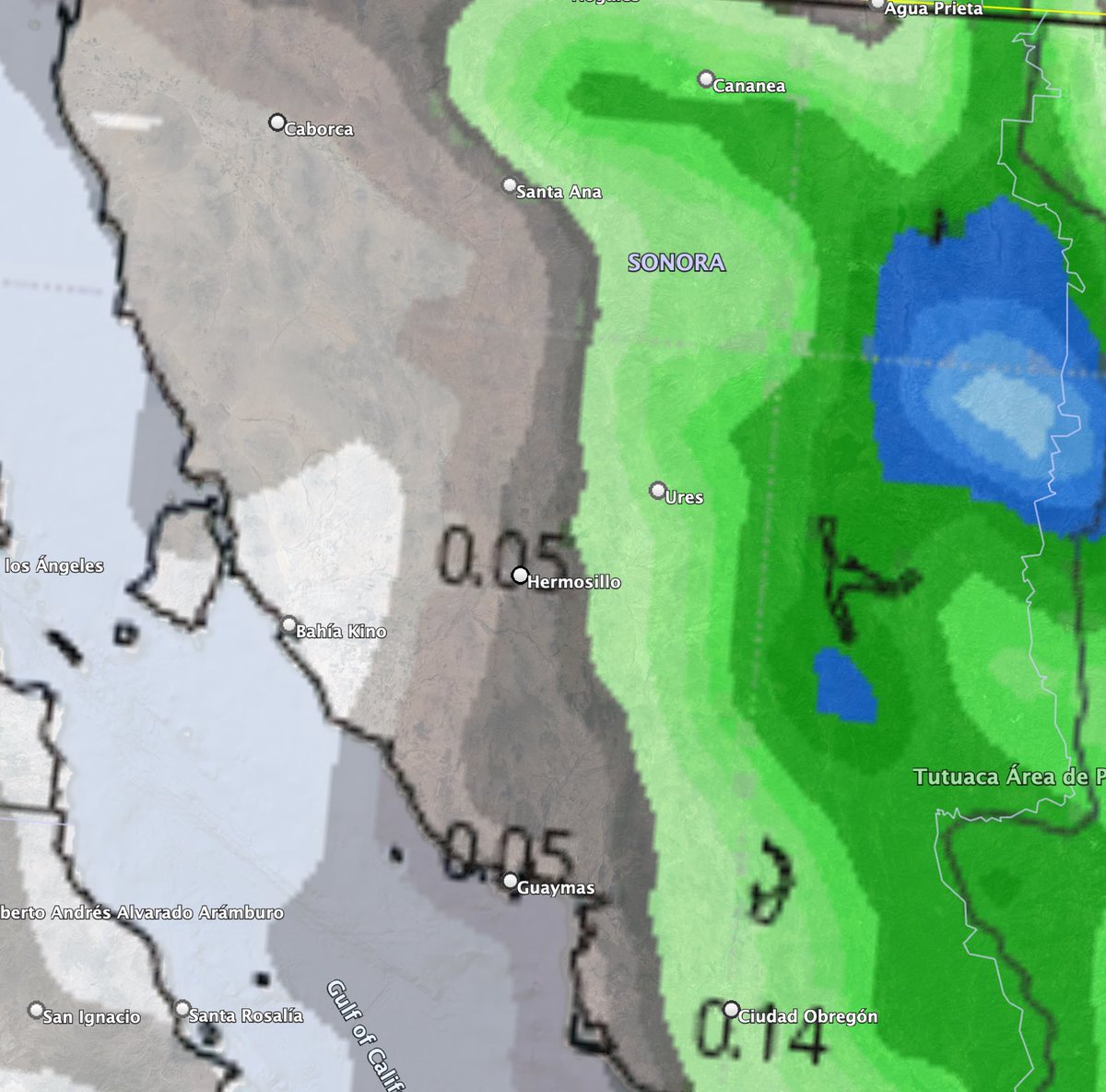 Algunas precipitaciones estarán presentes en la zona serrana con la entrada de la masa de aire frío durante el domingo, para Hermosillo solamente tenemos un 30% de tener algunas lloviznas pasajeras ese mismo día.