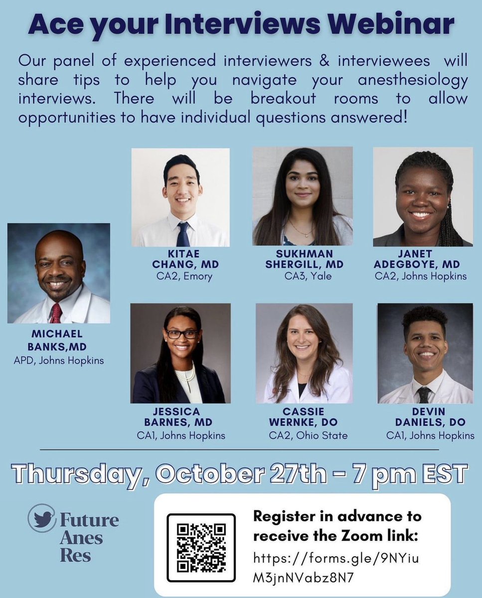 Make sure you tune into the Ace your Interviews Webinar hosted by #futureanesres. The webinar will feature three of our fabulous residents, Drs. Janet Adegboye, Jessica Barnes, Devin Daniels, and our amazing APD, Dr. Michael Banks.