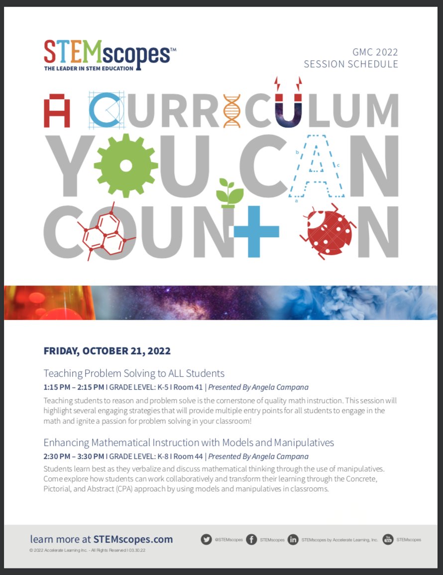 What is all the hype with our new Georgia
@STEMscopesMath ?  CRA, Hands-On, Mathematical Literacy.... and more!  Join our sessions tomorrow (Friday) at the GCTM Conference!  You do not want to miss this! #gctm2022