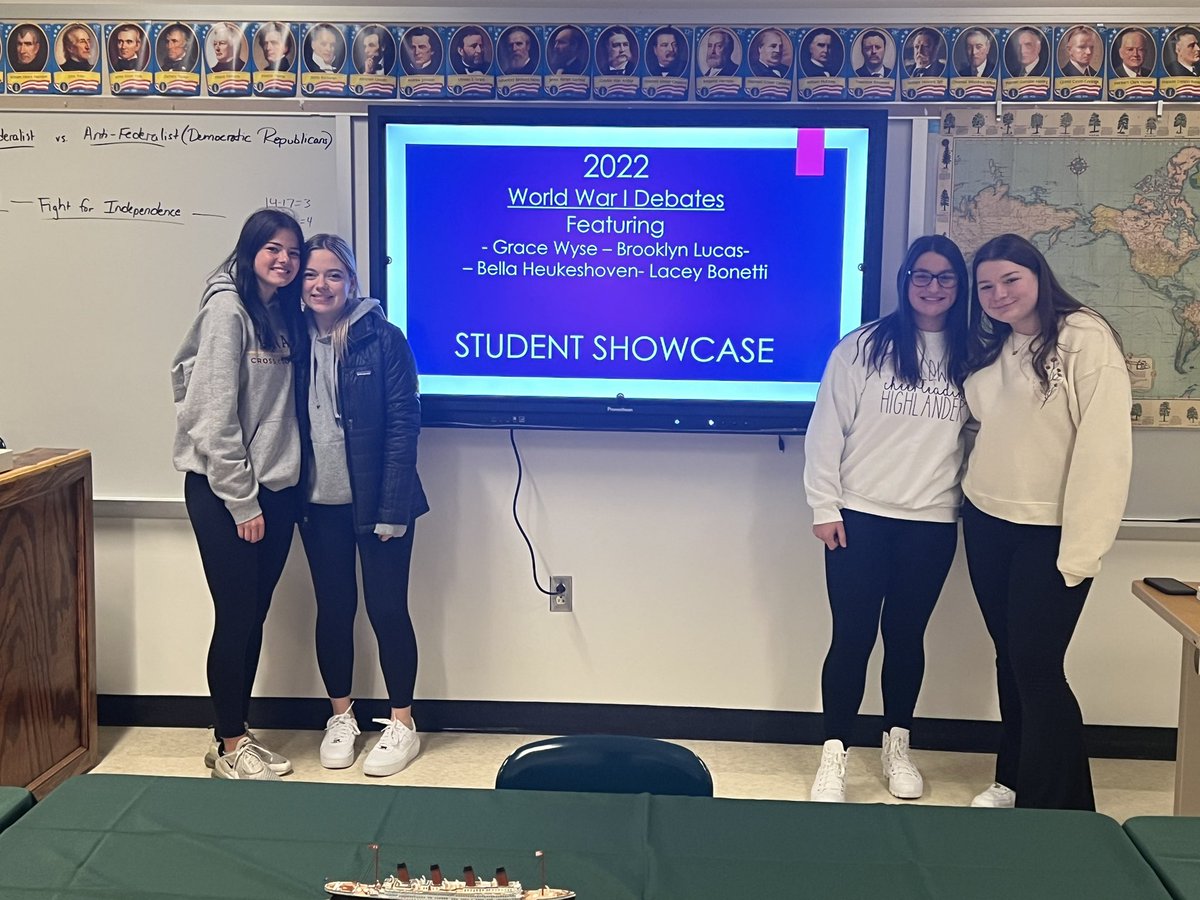 MsDeemer's tweet photo. Long time no tweet, but Grace, Bella, Brooklyn, and Lacey did a great job debating America’s involvement in WWI tonight at the Student Learning Showcase. These girls are fierce! Thank you ladies for sharing your talents tonight! 💜💜💜 https://t.co/Trn7AHOB2V
