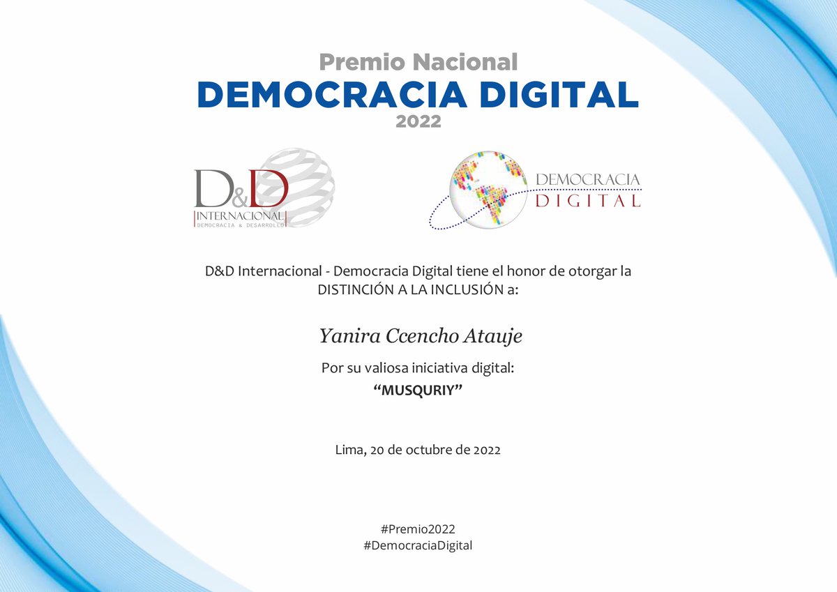 💠“Distinción a la Inclusión” en la Ceremonia de Premiación del “Premio Nacional Democracia Digital” 🏆 es para Yanira Ccencho Atauje <a href="/yccencho8/">Yanira Ccencho</a> por su valiosa iniciativa “Musquriy”.

¡Felicidades!🎉

@Demodig <a href="/ddintorg/">Democracia Digital</a> <a href="/elaforde/">Elaine Ford</a> @UNESCOPeru
#Premio2022 #DemocraciaDigital