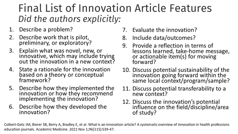 T3 @AcadMedJournal article on #Innovation @jcolbertgetz & team identified 12 features that should be present in innovation articles. #MedEdChat tinyurl.com/2r9cuube