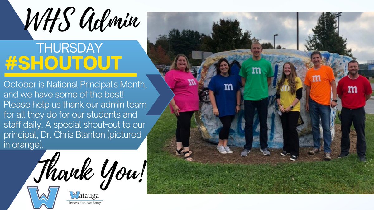 ✨October is National Principal's Month, so this week's #ShoutOut is for our incredible admin team with a special shout-out to our principal, <a href="/cgblanton2/">Chris Blanton</a>!✨

#WHSPioneerPride
#WeAreWatauga 
#BestTeam <a href="/ShepRachel/">Rachel Shepherd</a> <a href="/starktwcs/">Tierra Stark</a> <a href="/koontz_david/">David Koontz</a> <a href="/CoachKerley/">Dustin Kerley</a>