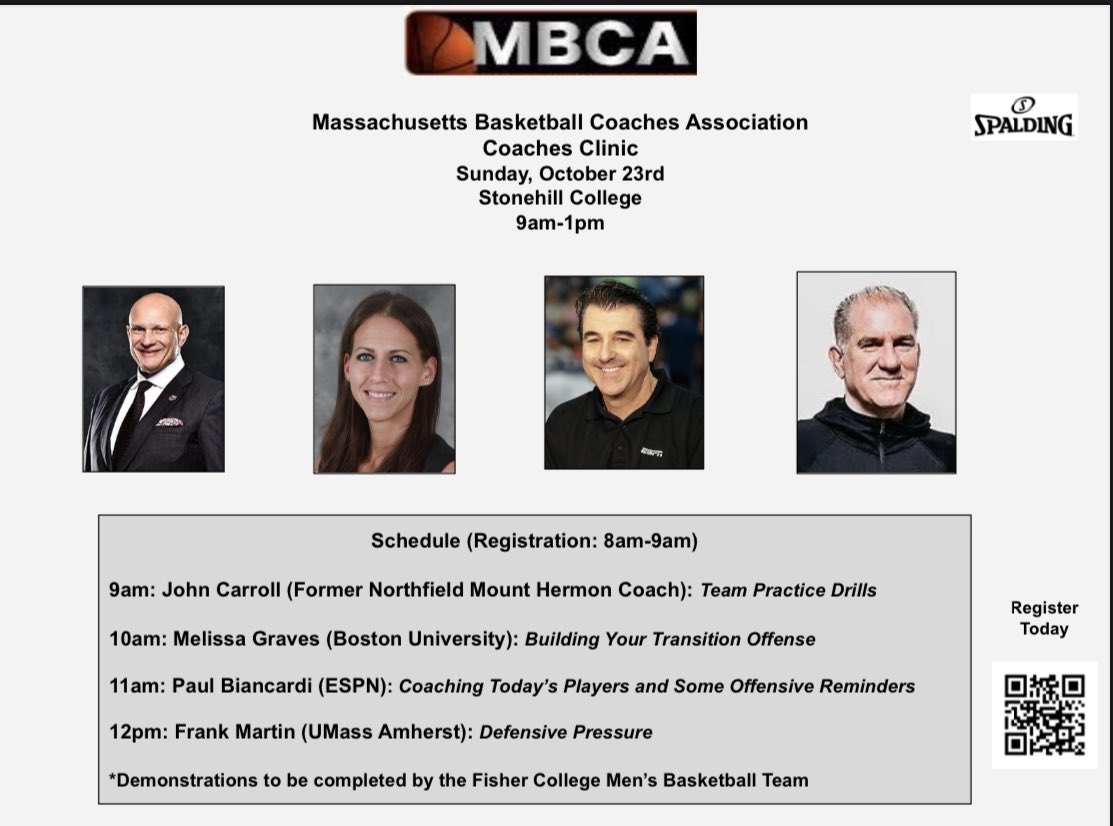 Join us at Sunday’s MBCA Coaches Clinic! In addition to a great lineup, we’ll be giving out @Spalding Basketballs and apparel as prizes. The first 100 coaches in attendance will receive a whiteboard and coupon from @ChampProduction Don’t miss out!