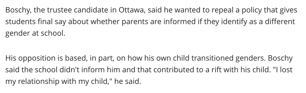 One 'anti-woke' trustee decided to run out of spite. He wouldn't accept his own trans child, so he's running for school board to make life difficult for all trans children. Wouldn't it have been easier to just support and love your child unconditionally?