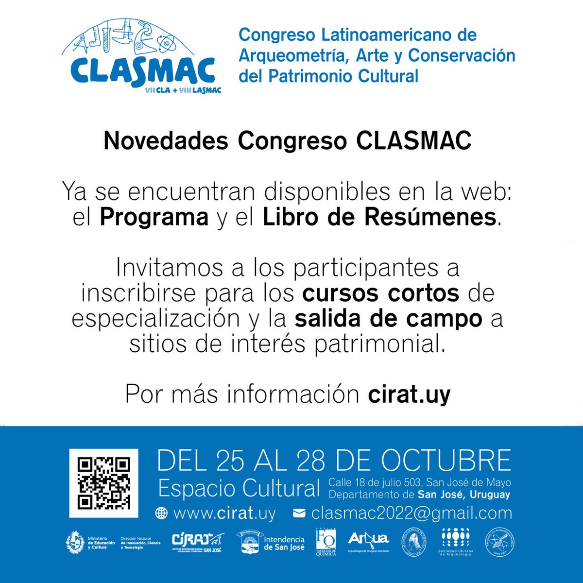 dicytmec's tweet photo. #CLASMAC2022 Congreso Latinoamericano de #Arqueometría, Arte y Patrimonio Cultural en San José
🗓️25-28 OCT
✔️#Cursos cortos de actualización, para profesionales y estudiantes.
✔️Salida de campo
✔️Conferencias magistrales para todo público
➕ℹ️ https://t.co/g54Vf7v4kv https://t.co/uRaKEVMdOf