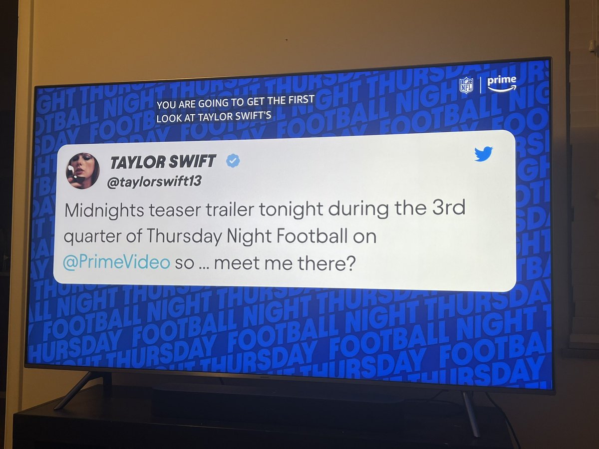 SarTangelo's tweet photo. TRAILER DROPS IN MOMENTS DIRECT QUOTE FROM THE ANNOUNCERS #TaylorSwift #tfnonprime #MidnightsTaylorSwift https://t.co/graylWBbPN