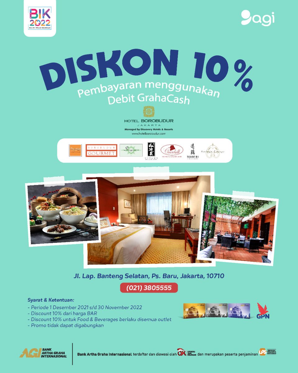 temanagi's tweet photo. Dapatkan promo kamar 10% from BAR dan promo F&B 10% berlaku di semua outlet dengan menggunakan kartu debet GrahaCash.
#PromoMerchant
#bankarthagrahainternasional
#naiklevellagi
#agibybankarthagrahainternasional https://t.co/R5WvgDFHKg