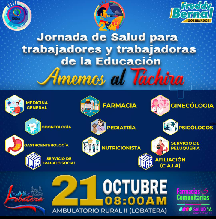 CDCETachira's tweet photo. #JornadadeSalud
#AmemosAlTachira
💛🖤
Dirigida al personal educativo del municipio #Lobatera
#21De octubre
Ambulatorio Rural II
A partir de las 08:00 a.m.
Asiste!
@NicolasMaduro
@MPPEDUCACION
@FreddyBernal
@Berzabethg1
@Gob_Tachira
@IpasmeOficial
🇻🇪 https://t.co/972UJcg3MI