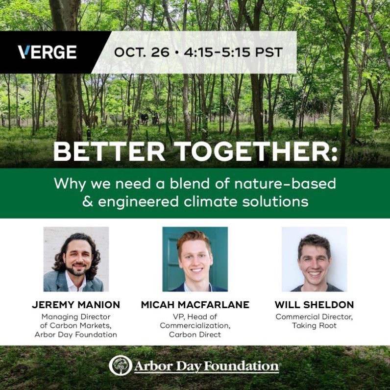 Excited to host this @arborday session next week @GreenBiz #VERGE22 with our incredible partners @TakingRoot and @Carbon_Direct!

#CarbonRemoval via #Nature + #Tech for #Livelihoods #BiodiversityRecovery and #ClimateResilience ➡️ events.greenbiz.com/events/verge/2…