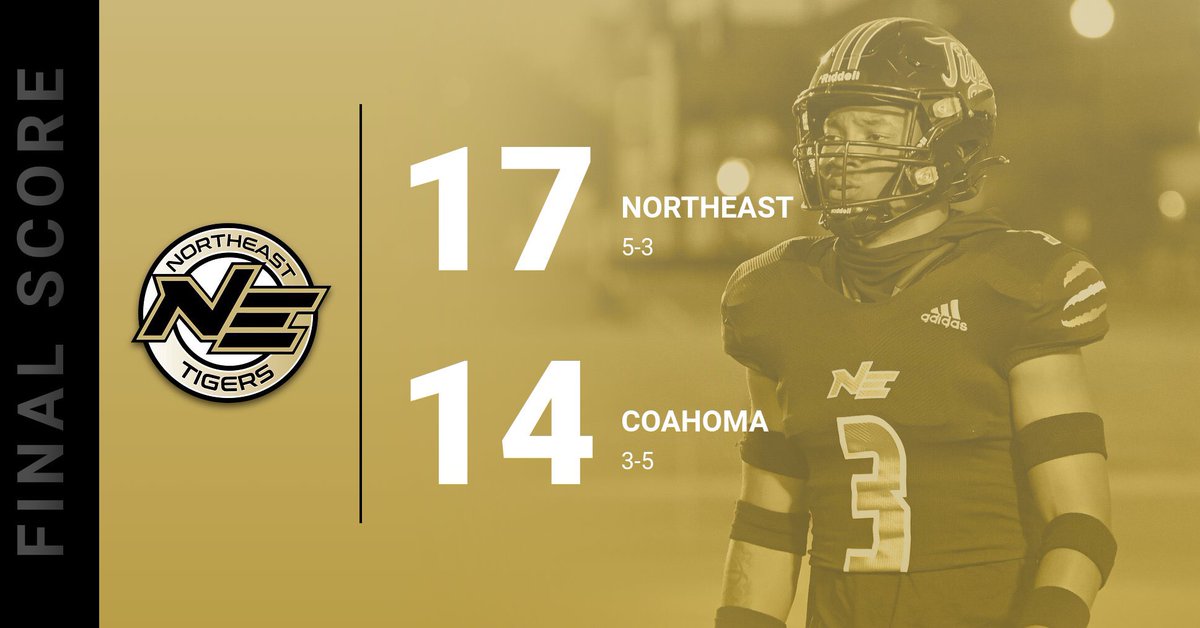 NEMCCTigers's tweet photo. FB | FINAL: Northeast 17, Coahoma 14. #NEMCC survives another WILD game as the homestanding Tigers got the ball back, but a pick by Kenny Byrd ended it!

The Tigers return home for a rivalry game with Northwest in the regular season finale next Thursday at 6:30 pm!

🐯 #TigerTown https://t.co/UnFgtW8ulQ