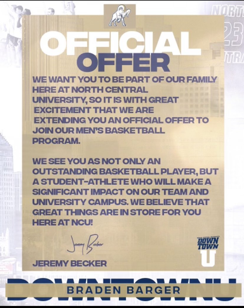 After a great visit I’m blessed to announce I’ve received an offer from North Central University!
<a href="/JeremyBecker_22/">Coach Becker</a>