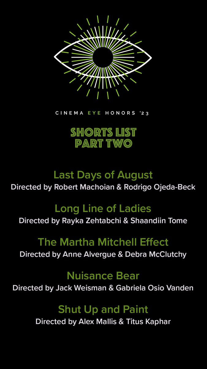 .#CEH2023 Shorts List Pt2
Last Days of August | <a href="/433_Pictures/">Robert Machoian</a> &amp; Rodrigo Ojeda-Beck
Long Line of Ladies | <a href="/RAYning/">Rayka Zehtabchi</a> &amp; <a href="/shaandiintome/">shaandiin</a>
Martha Mitchell Effect | <a href="/anne_alvergue/">anne alvergue</a> &amp; Debra McClutchy
Nuisance Bear | Jack Weisman &amp; <a href="/GabrielaOsioVan/">Gabby Osio</a>
Shut Up &amp; Paint | <a href="/alxmallis/">Alexander M. Ramírez-Mallis</a> &amp; Titus Kaphar