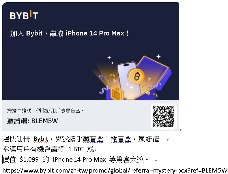 Alibuaee's tweet photo. 趕快註冊 Bybit，與我攜手贏盲盒！開盲盒，贏好禮。
幸運用戶有機會贏得 1 BTC 或
價值 $1,099 的 iPhone 14 Pro Max 等驚喜大獎。 
https://t.co/WKnOIti1Qj https://t.co/RQLIIcxtcF