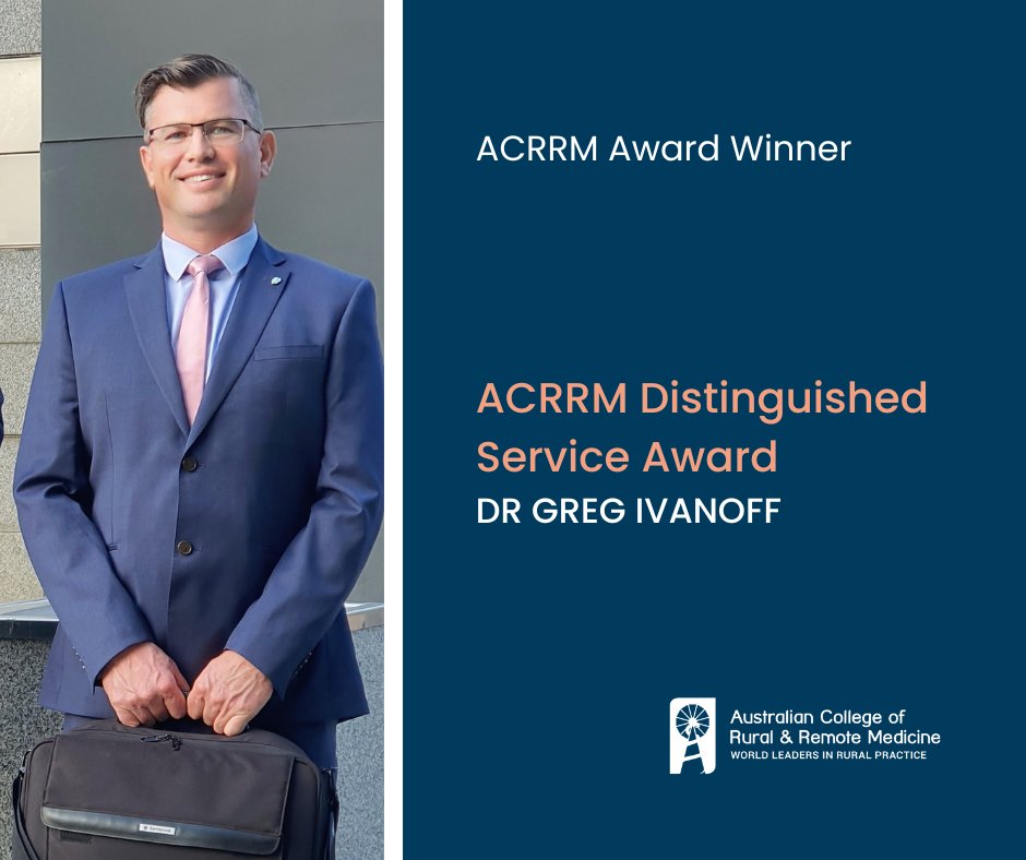 ACRRM's tweet photo. Dr Greg Ivanoff has received a 2022 ACRRM Distinguished Service Award in recognition of his significant contribution to rural and remote medicine and general service to his community. Congratulations Greg! 

Read the media release here👇
https://t.co/TmJrr3GmIl https://t.co/KkNx36vIWz