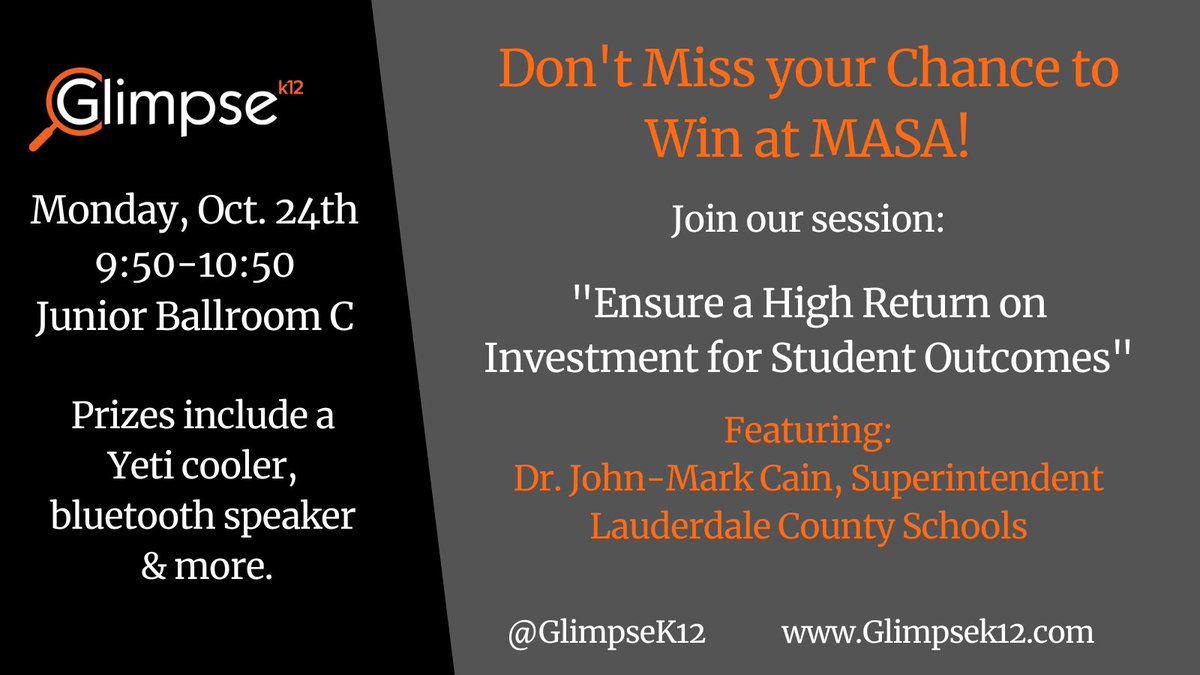 GlimpseK12's tweet photo. On Deck Tomorrow-- Join us at 9:50 to be entered to win a Yeti Cooler, Bluetooth Speaker, &amp; more! Hear from @john_mark2015 about why #eROI is a top priority at Lauderdale County School District to ensure investments are  raising student achievement. #k12 #edtech https://t.co/ztZrFa5O7D