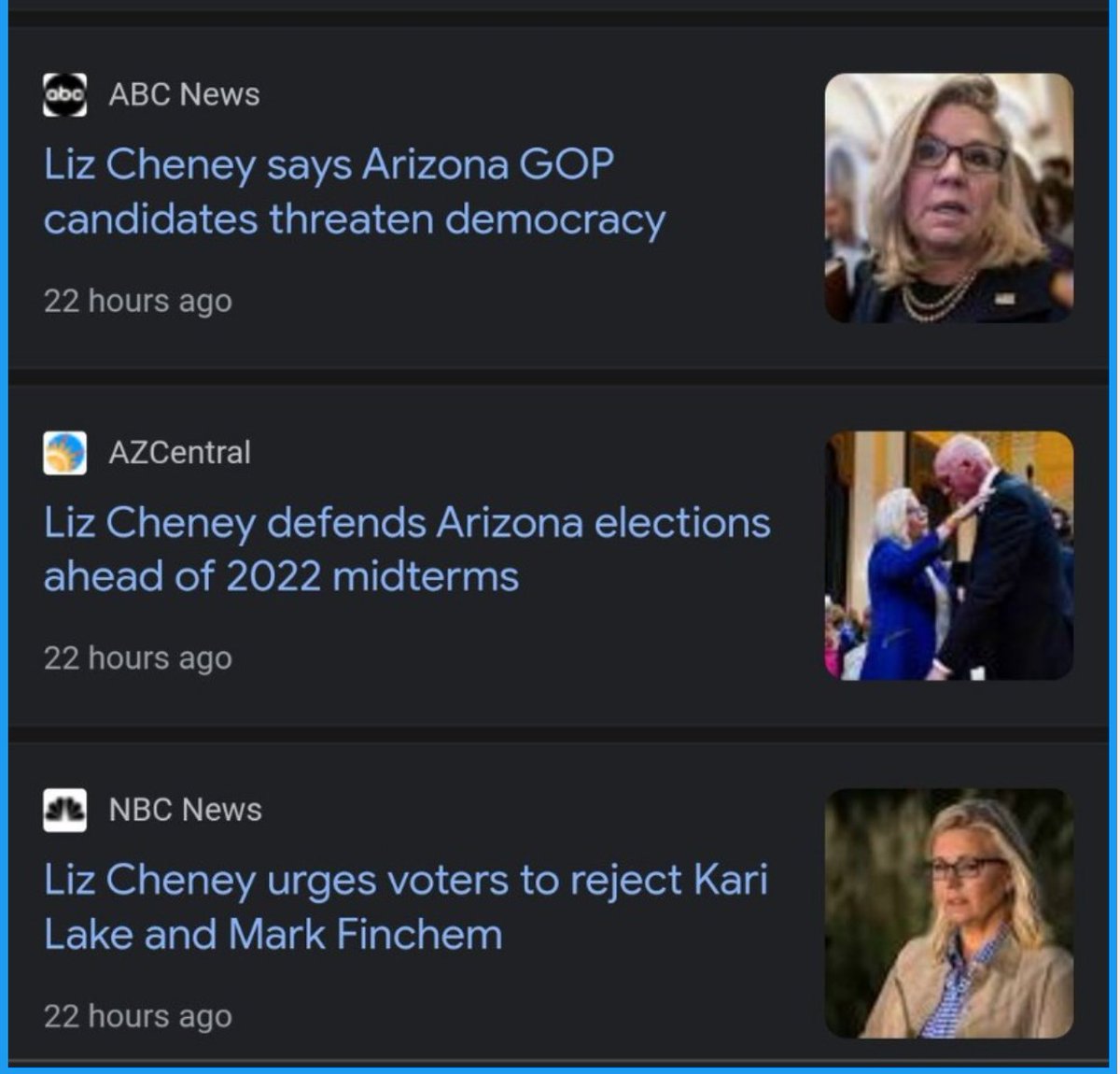 Liz Cheney says Arizona GOP candidates threaten democracy. She urges voters to reject Republican election deniers Kari Lake & Mark Finchem. VOTE for: - @katiehobbs for Governor - @CaptMarkKelly for Senate - @krismayes for Attorney General - @Adrian_Fontes for Secretary of State