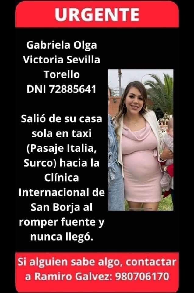 EmergenciasPeru's tweet photo. #EmergenciaPerú : El Ministerio de la Mujer alerta la desaparición de Gabriela Sevilla Torello, ciudadana que se dirigía a una clínica para labor de parto. Fue vista por última vez en el distrito de Surco abordando un taxi hacia una institución de salud. https://t.co/OXvFuHsTdt