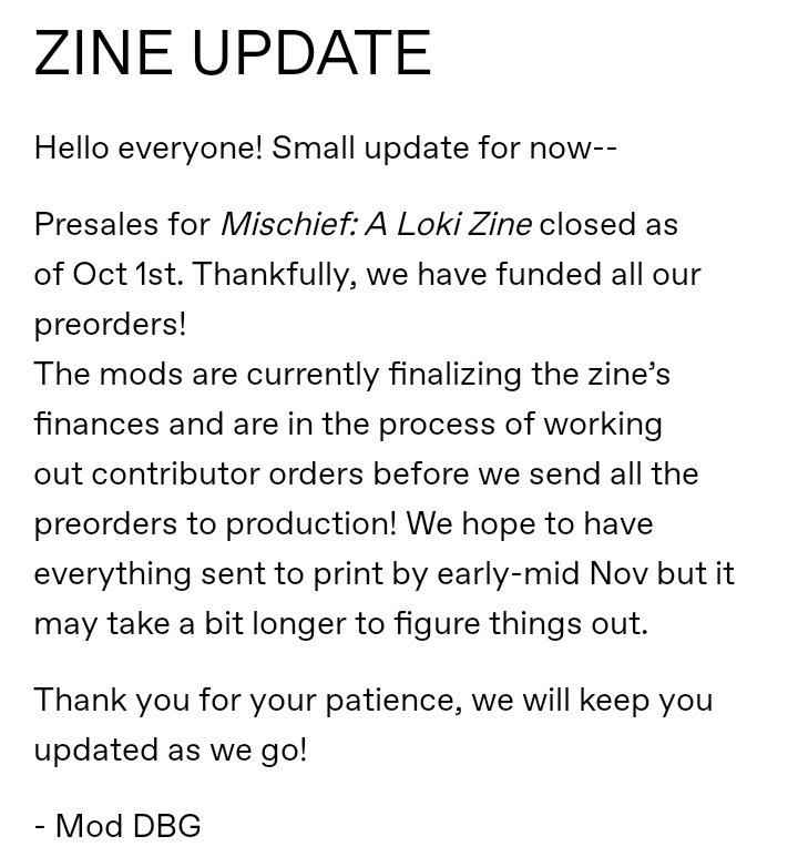 LokiZine's tweet photo. Only a small zine update for now. We have unfortunately had some errors re. zine profits with our Fulfilment Centre that we have had to work out since preorders closed. These things take time.
Thank you all for your patience! We can assure you the zine is definitely going ahead! https://t.co/F62HrutyUu