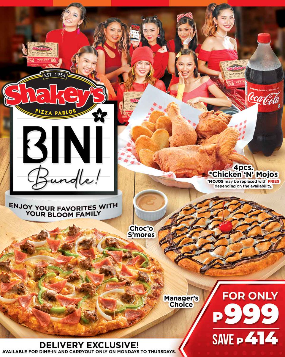 🎶Feel Good🎶 and enjoy your Shakey's favorites with the squad with our BINI Bundle! 🌸

Get it for only P999! Save P414! 

Order now! 

#ShakeysBINIBundle