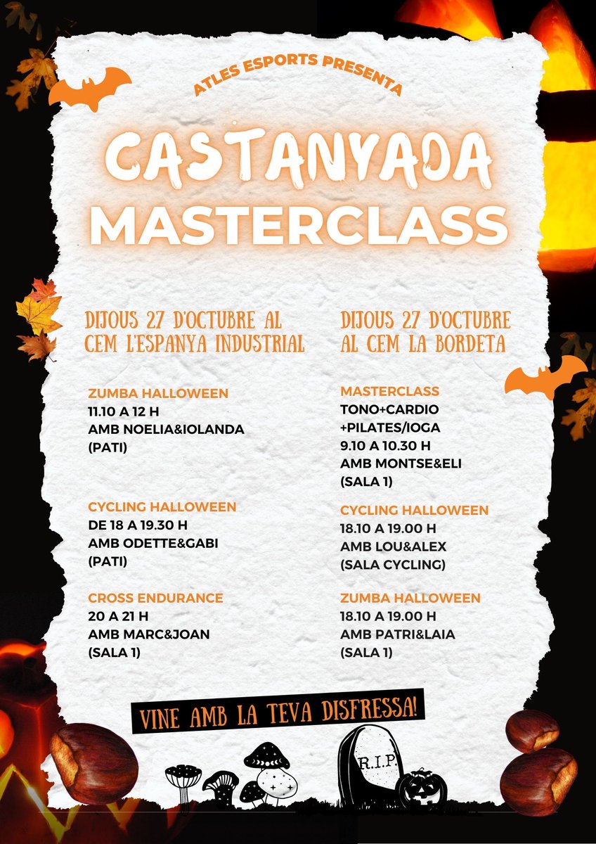 🦇Viu la Castanyada més terrorífica!🦇

Les carabasses i l’ambient de Halloween estan a punt d’arribar al #territoriATLES! 🎃👻

Us esperem a unes sessions molt especials, podeu venir amb la vostra disfressa!
#castanyada2022 #halloween2022
