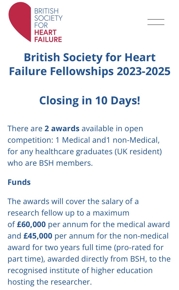 ‼️Just over 1 week left for medics, nurses &amp; AHP undertaking research relevant to #heartfailure to apply for <a href="/BSHeartFailure/">British Society for Heart Failure #theFword</a> early career #research fellowships‼️

More info: bsh.org.uk/awards