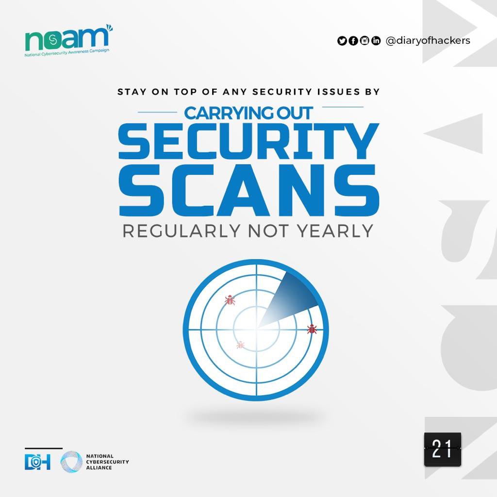 DoHAfrica's tweet photo. Day 21 of 30.

Security scan on systems 

Yearly or Never....🚩🚩

Regularly....🏳️

Checking out hardware and software regularly is the best way to know where your vulnerability lies

We had to add the extra flag ohh, because Chiroma Microfinance bank… ahh!!

#SeeYourselfInCyber https://t.co/OrAjUJ3MaU