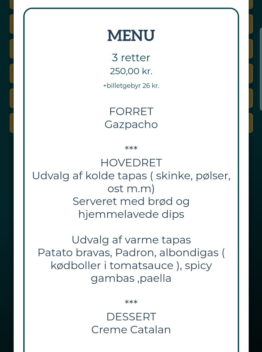 StorgaardMikkel's tweet photo. Jeg er kommet til at dobbeltbooke mig selv. Er nogen interesserede i to Dining Week-billetter til El cava kl. 20 i aften?
Det er en spansk tapasbar ved Gammel Strand.
Sælger for 350 kroner. https://t.co/tdZjTsnA3G