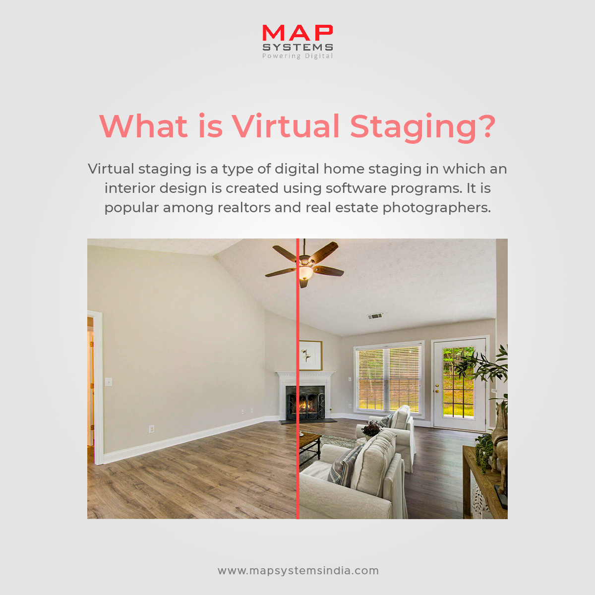 MapSystemsIndia's tweet image. Virtual staging has numerous benefits in the real estate industry. First, let us understand what virtual staging is. 

#mapsystems #virtualstaging #homestaging #Realestatemarketing  #realestate #realestatephotography #interiordesign #realestateagent  #virtualhomestaging