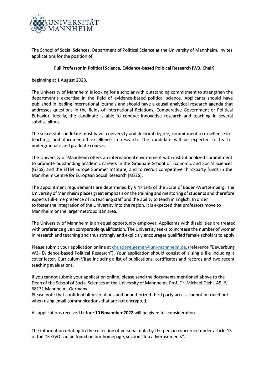 Please share widely: job ad for the position of a Full Professor of Evidence-based Political Research at the University of Mannheim. We are searching for a new colleague with a causal-analytical research agenda and a focus on IR, Comparative Government or Political Behavior. 1/2