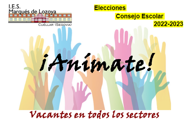 ELECCIONES CONSEJO ESCOLAR
Toda la información en la web.
…marquesdelozoya.centros.educa.jcyl.es/sitio/index.cg…
Entrega de candidaturas hasta el 31 de octubre