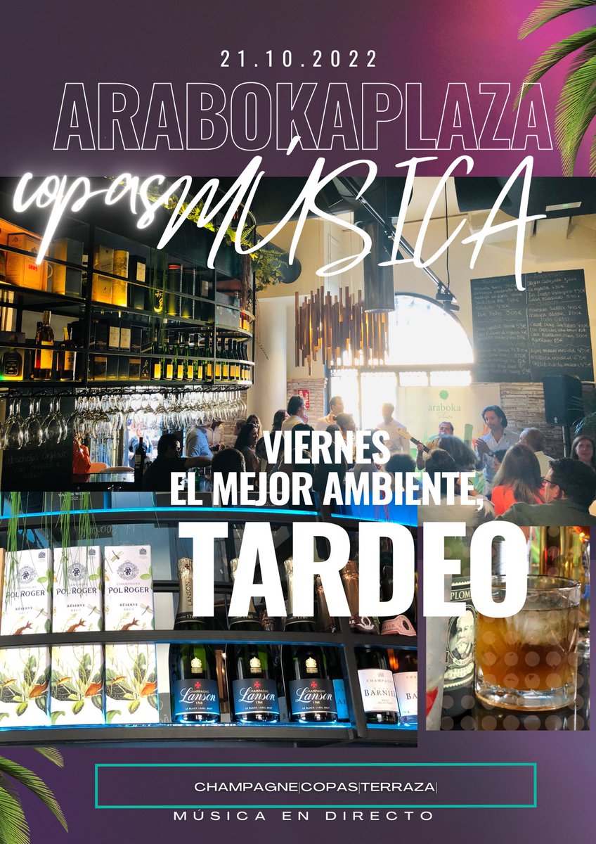 arabokaRest's tweet photo. VIERNES🔥👨‍🍳No te pierdas las sobremesas largas de ArabokaPLAZA 🤩Hoy Música en directo a partir de las 16:45 🎤Especial Ron y GinTonic🍹con #RonSantisimaTrinidad #LETRIBUTE 📲 https://t.co/xaEcX5cPcW #Cocteleria #Malaga #tardeosarabokaPLAZA #Viernes https://t.co/6dVp8W9yKh
