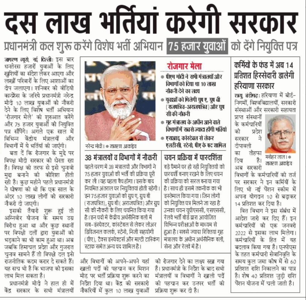 प्रधानमंत्री श्री <a href="/narendramodi/">Narendra Modi</a> का दिवाली से पहले युवाओं को तोहफ़ा

22 अक्टूबर को विशेष भर्ती अभियान के तहत रोज़गार मेले की करेंगे शुरुआत व 75 हज़ार युवाओं को नियुक्ति पत्र सौंपेंगे 

हरियाणा के युवाओं को भी मिलेगा लाभ