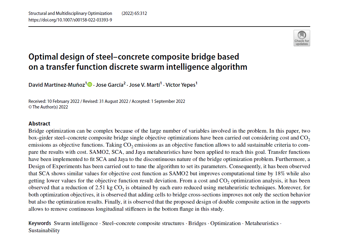 vyepesp's tweet photo. Acaban de publicarnos un artículo en revista de alto impacto JCR: Structural and Multidisciplinary Optimization

Optimal design of steel–concrete composite bridge based on a transfer function discrete swarm intelligence algorithm

Descarga gratuita:

https://t.co/K5kAJ4FheR https://t.co/oF9pqqA3D4