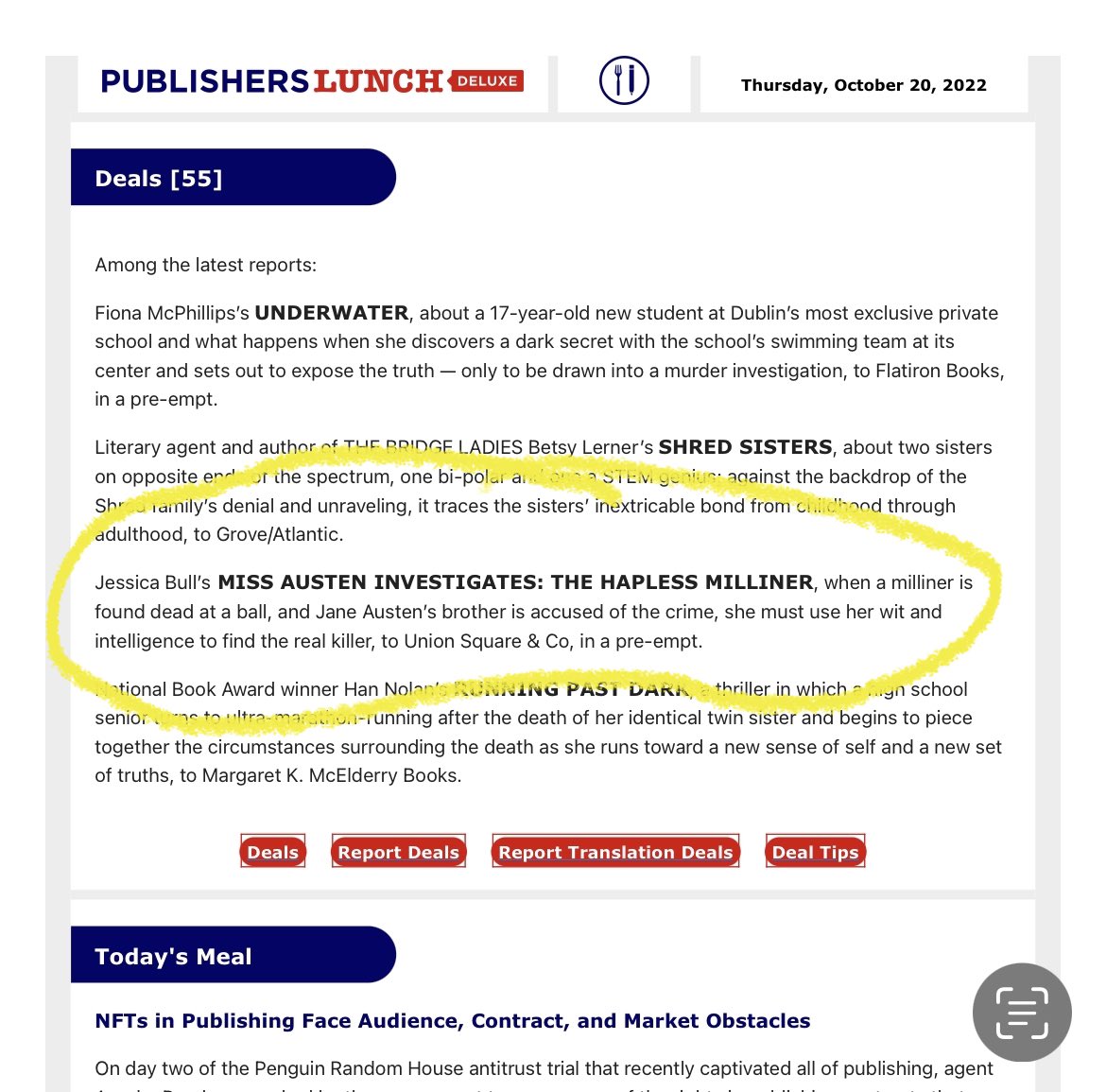 I admit, I dreamt of one day seeing my own rectangle in Publishers Marketplace, but I didn’t even know you could headline!! Thanks so much to @UnionSqandCo Jenny Bent at #TheBentAgency and super⭐️ @mushenska #MissAustenInvestigates