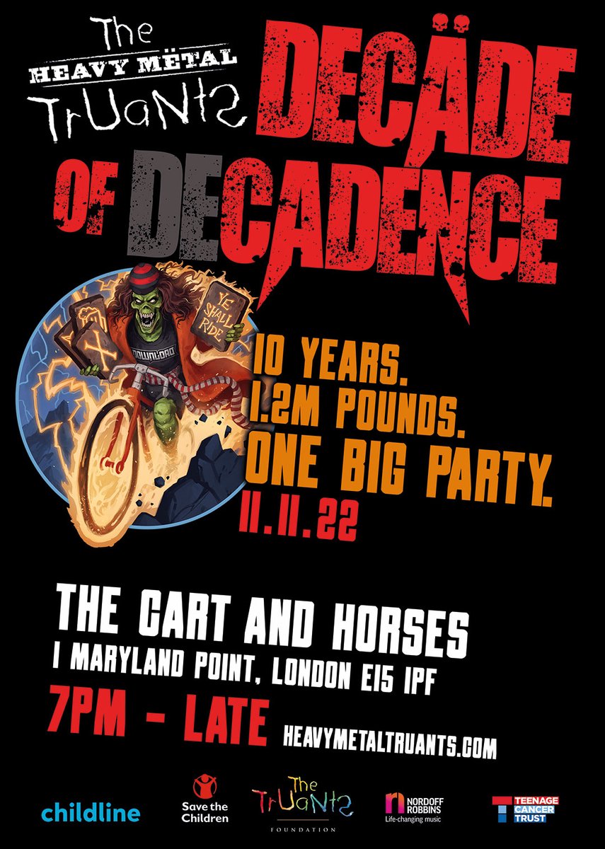 hmtruants's tweet photo. Beer, live music and a party of the ages as the Heavy Metal Truants celebrate their first ten ten years and over £1 million pounds raised for kids. Come one, come all! https://t.co/9B6fVHNZFK https://t.co/QLKUmWpthF