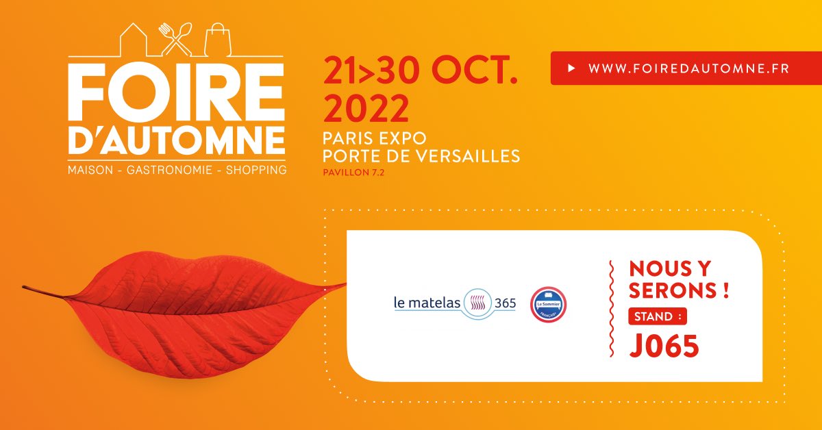 LeMatelas365's tweet photo. La Foire d’Automne ouvre ses portes aujourd’hui à 10 heures !

Nous vous attendons nombreux à l’étage 7.2, stand J065 ! 

📆 du 21 au 30 Oct. 2022 
📍 Paris Expo Porte de Versailles https://t.co/FU2P9Owaqm